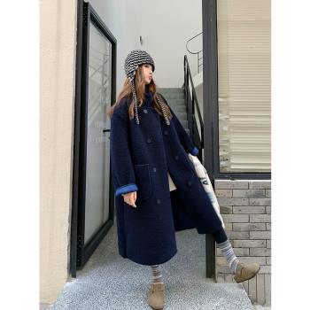 藏藍色皮毛一體羊羔毛大衣2025新款女冬長款雙排扣高階感棉服外套