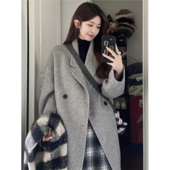 灰色赫本風高級感雙面呢羊絨大衣