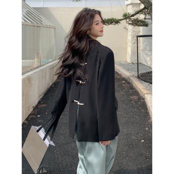 新中式國風後背開叉黑色西裝外套女2025年春秋新款設計感西服上衣