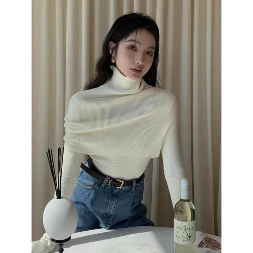 韓系披肩毛衣兩件套女設計感氣質簡約純色高領疊穿斗篷打底衫套裝