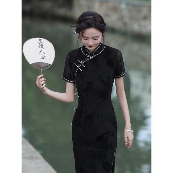 復古旗袍2025年新款黑色日常年輕款氣質素雅改良蕾絲連衣裙女夏季