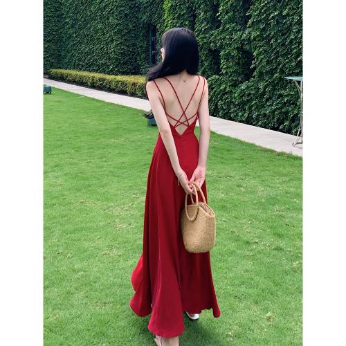 港味復古露背收腰連衣裙女夏季度假風泰式氣質緞面魚尾吊帶長裙子