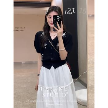 法式小香風刺繡黑色冰絲針織短袖女夏季新款獨特高級感泡泡袖上衣
