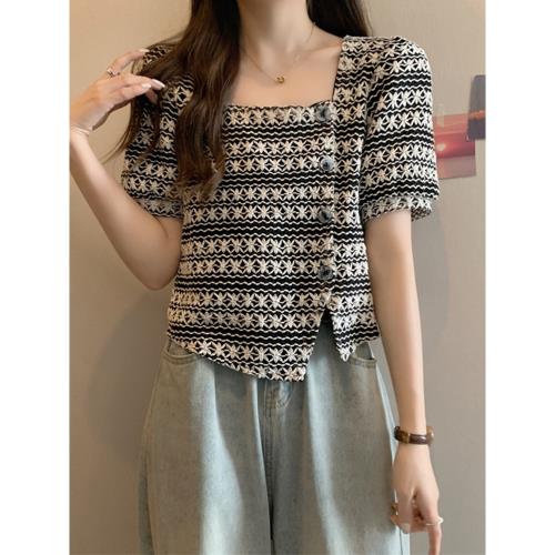 大碼法式方領條紋短袖t恤女夏季胖mm遮肉顯瘦小香風短款正肩上衣