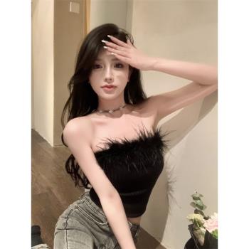 黑色辣妹毛毛抹胸背心女裝春季性感內搭無袖修身短款上衣外穿裹胸