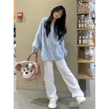 韓系baby藍色套頭長袖毛衣女秋冬軟糯慵懶風小眾寬松顯瘦針織上衣