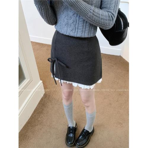 拼接花邊系帶毛呢包臀半身裙女夏季2025新款高腰設計感辣妹風短裙