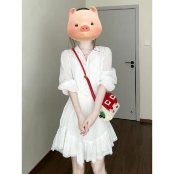 高階感法式白色長袖連衣裙子女開春季穿搭2025新款小個子短裙套裝