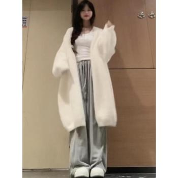 水貂絨毛衣外套女寬松外搭慵懶風中長款白色針織開衫浴袍大衣秋冬