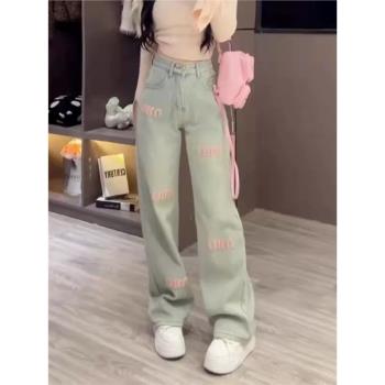 女牛仔褲2025新款冬季今年流行加絨加厚刺繡直筒小個子褲子