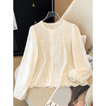 品牌折扣春秋新款韓系ins風長袖襯衫法式復古鏤空刺繡寬松上衣女