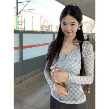 藍色網紗一字肩格子雪紡衫女夏季修身性感純欲甜辣妹露肩防曬上衣