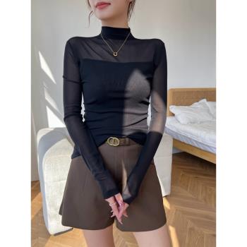黑色女士長袖薄款上衣高階感網紗