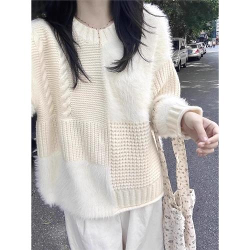 白色拼接水貂絨毛衣女秋冬慵懶高級感冬季設計感韓系寬松針織上衣
