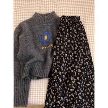 半高領套頭毛衣女秋冬加厚內搭日系復古灰色短款外穿慵懶甜美上衣