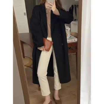 韓系黑色毛呢外套女早春季2025年新款高階感小個子風衣中長款大衣