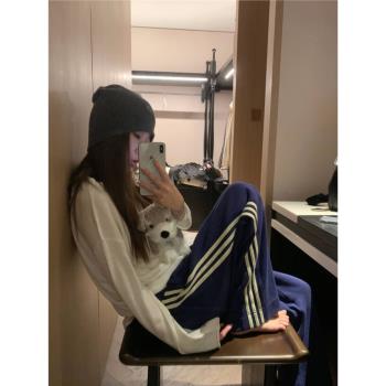 美式條紋藏青色休閑運動褲女春秋款復古衛褲直筒寬松垂感闊腿長褲