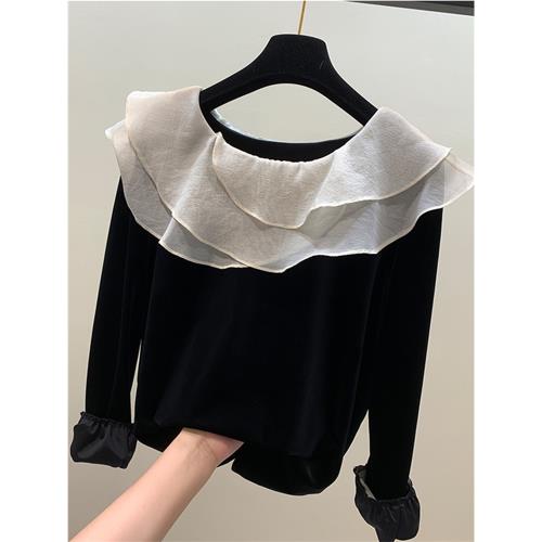 品牌折扣女裝剪標外貿春秋法式荷葉邊拼接金絲絨長袖t恤上衣女潮
