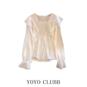 YOYOCLUBB大碼法式甜美方領長袖襯衫春季設計感薄款防曬花邊上衣