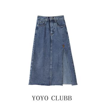 YOYOCLUBB大碼梨型身材開叉牛仔半身裙春季高腰顯瘦中長款a字裙子
