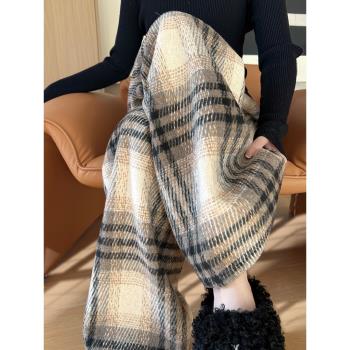 加絨加厚毛呢格子褲女春秋新款復古黑白格闊腿寬松慵懶休閑直筒褲