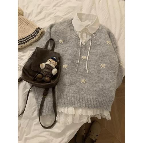 軟糯蝴蝶結v領灰色毛衣女秋冬季日系甜美套頭厚上衣慵懶風針織衫