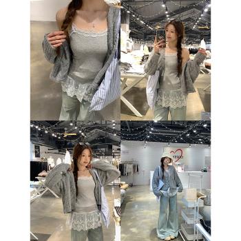 烏77甜美拼接蕾絲吊帶內搭女韓版修身顯瘦通勤百搭圓領打底上衣春