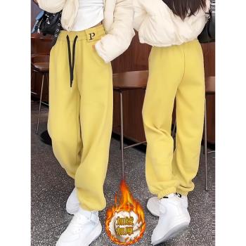 黃色加絨加厚束腳休閑褲女士運動褲2025款小個子哈倫衛褲秋冬褲子