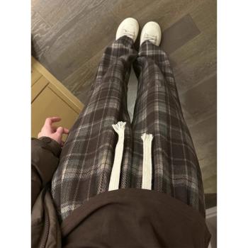 復古磨毛格子休閑褲子女2025新款秋冬高腰加絨加厚闊腿褲百搭長褲