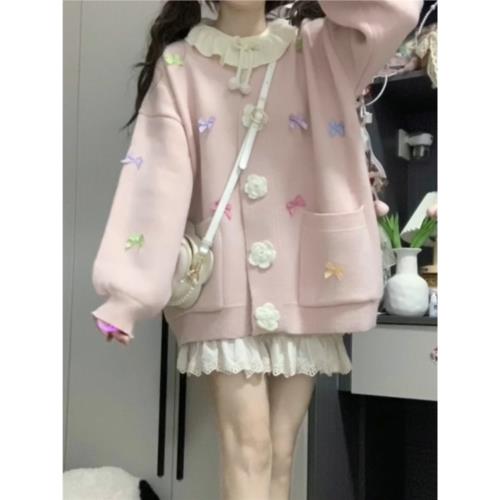 日系甜美減齡彩色蝴蝶結針織毛衣外套上衣女+小眾娃娃領內搭襯衫