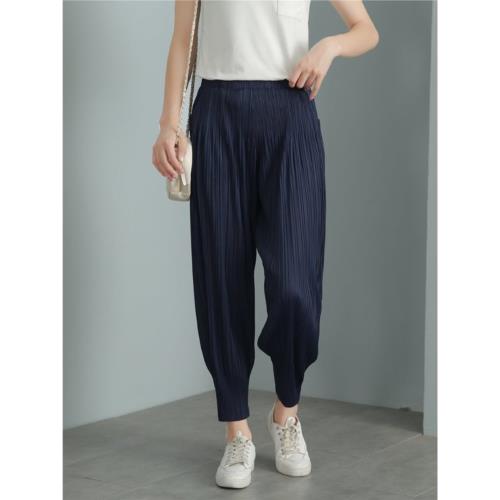 三宅褶皺蘿卜褲女夏季薄款高腰顯瘦哈倫九分時尚百褶休閑小腳褲子