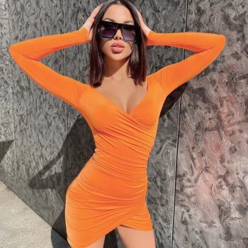 秋季新款長袖V領包臀交叉修身連衣裙歐美女裝Womens slim dress