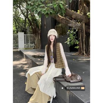 時尚套裝女不規則褶皺襯衫疊穿格子馬甲上衣早春寬松休閑褲三件套