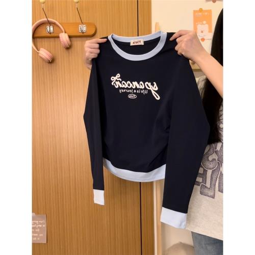 奶油的宇宙 植絨蝴蝶結字母假兩件內搭長袖T恤女修身打底上衣新款