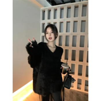 軟糯馬海毛黑色毛衣女秋冬高階感超好看V領寬松內搭打底上衣加厚