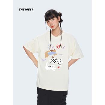 THEWEST趣味可愛小狗貓咪純棉短袖女夏季寬松百搭T恤美式復古上衣