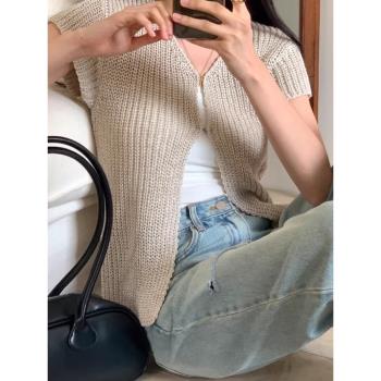 韓國chic夏季復古簡約V領鏤空編織寬松休閑百搭短袖針織衫外套女