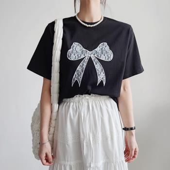 韓國chic夏季小眾百搭蕾絲蝴蝶結撞色設計寬松休閑短袖T恤上衣女