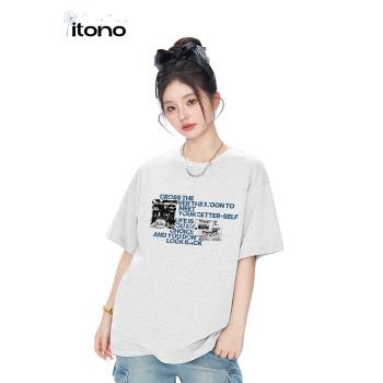 itono 復古美式字母印花短袖女夏季新款高街小眾寬松百搭情侶上衣