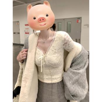 2025春季新款純欲白色蕾絲v領長袖t恤女秋冬季修身內搭打底衫上衣
