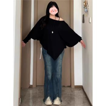 大碼胖MM韓系慵懶風斜肩長袖針織衫女秋設計感不規則露肩遮肉上衣