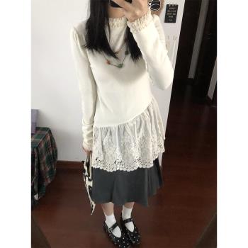 蕾絲拼接德絨打底衫女秋冬2024新款修身別致長袖t恤內搭外穿上衣