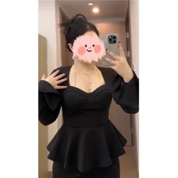 大碼胖mm法式設計感黑色時尚長袖上衣女秋季復古氣質荷葉邊打底衫