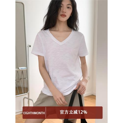 EighthMonth 夏季純色薄款v領T恤女寬松休閑百搭微透上衣簡約通勤