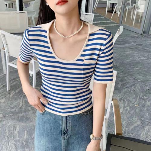 條紋t恤女2025年夏季短款別致洋氣新款修身大u領針織冰絲短袖上衣
