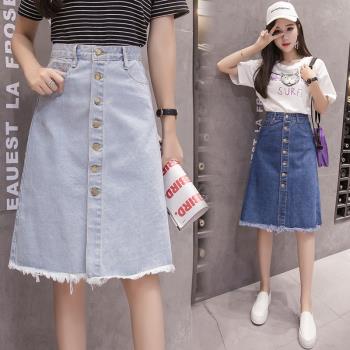 女夏韓版單排扣毛邊中長款牛仔裙