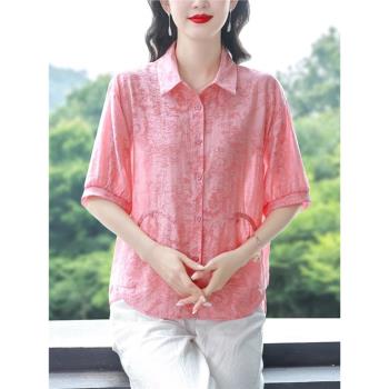 棉麻襯衫短袖女士襯衣夏季裝新款媽媽寬松遮肚小衫高階亞麻上衣薄