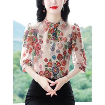 真絲襯衫女士夏季裝新款桑蠶絲上衣媽媽立領襯衣別致漂亮碎花小衫