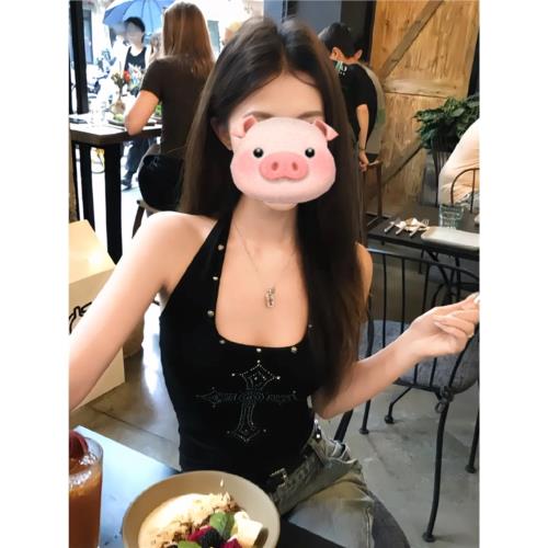 純欲黑色掛脖針織背心女夏韓系絕美修身辣妹性感吊帶外穿熱辣上衣