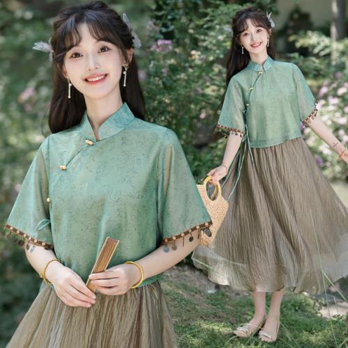 2024新夏款改良漢元素國風上衣日常少女民族風半身裙套裝